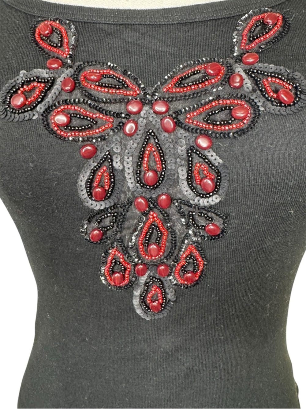 Anna Sui Black Cami top with Black + Red Beaded Details Size Small - Picture 3 of 10